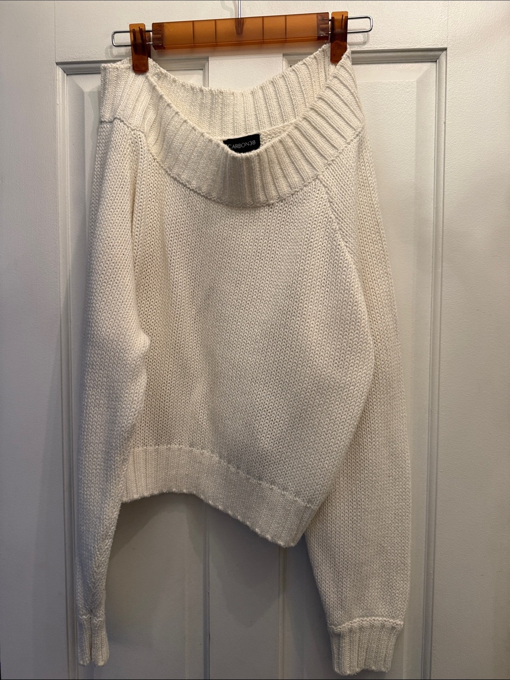 Carbon38 White Off-Shoulder Rib Knit Sweater